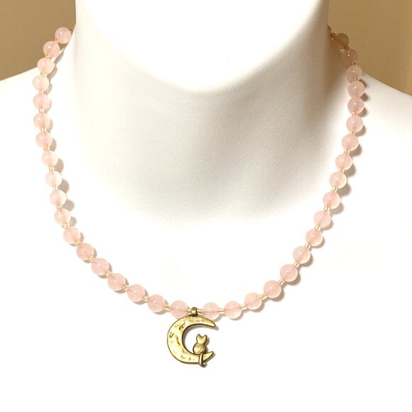Pink Genuine Gemstone Rose Quartz Bronze Cat on the Moon Beaded Short Necklace - Picture 2 of 11